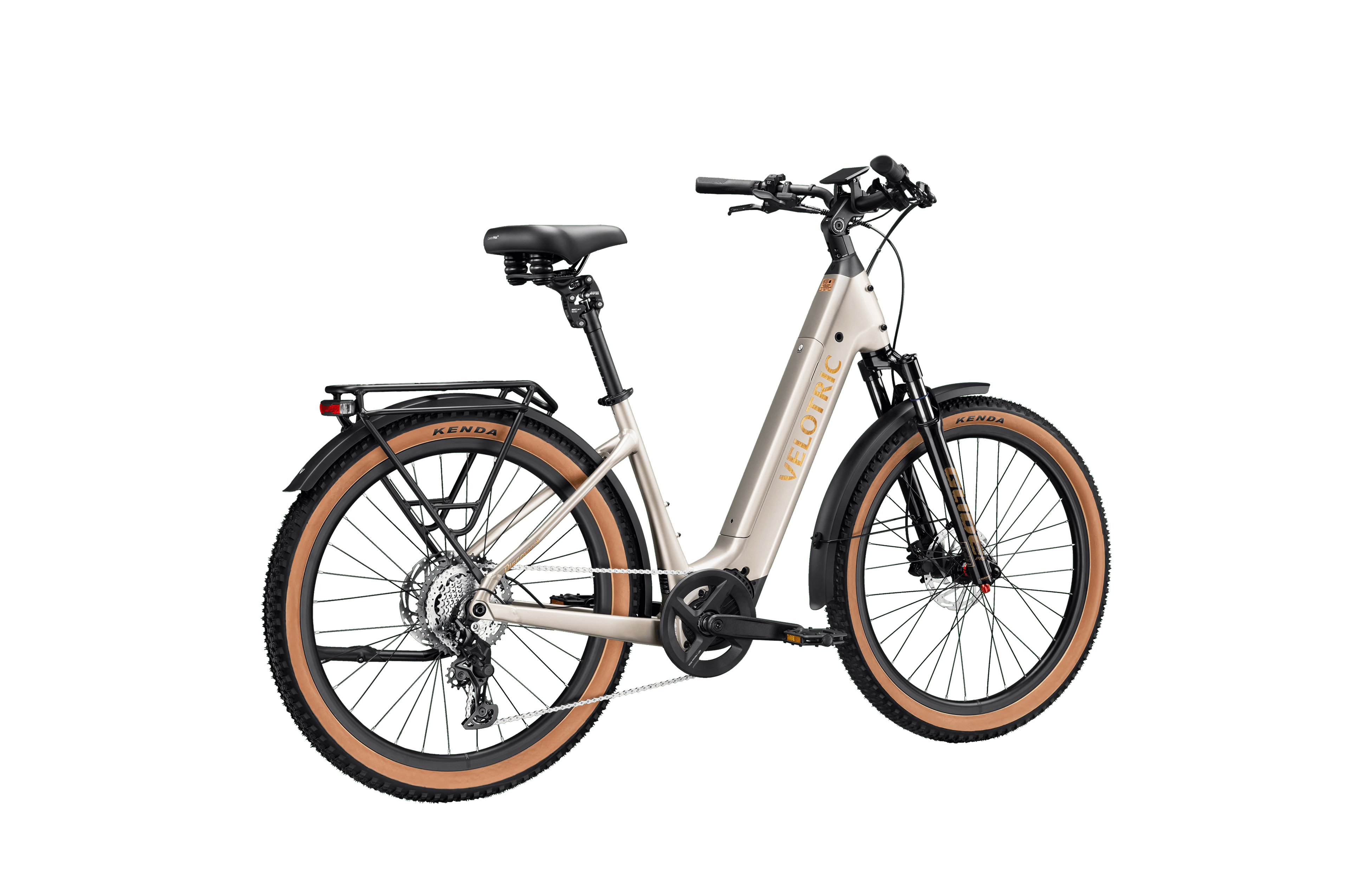 Platinum Silver Velotric Discover M eBike side view, showcasing frame design and features