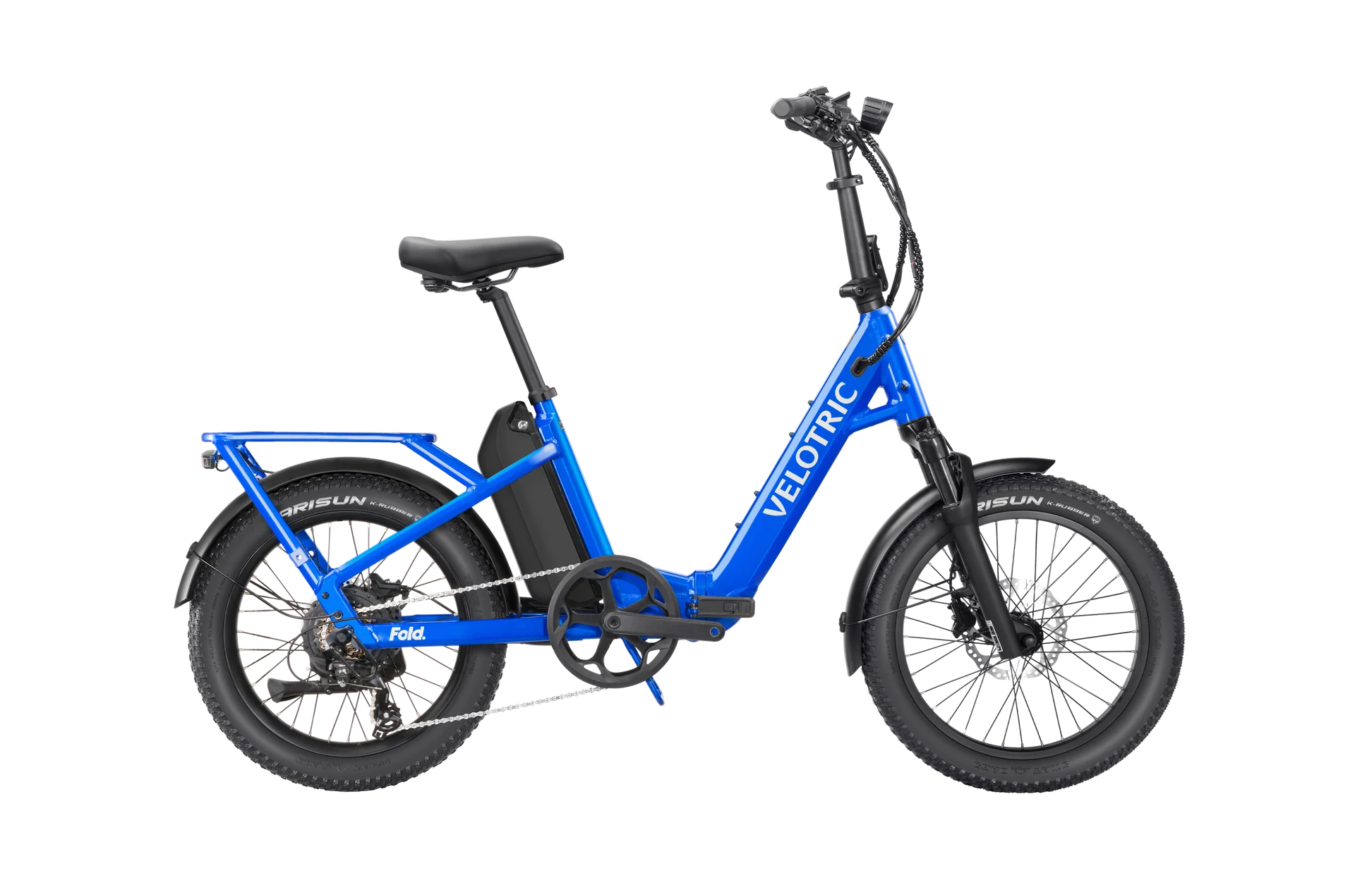 Electric blue Velotric Fold 1 Plus eBike, folded, side view, against a white background