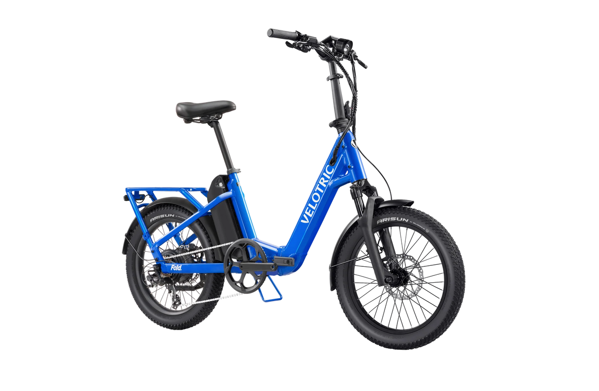 Electric blue Velotric Fold 1 Plus eBike, folded, side view, showcasing compact design and modern frame.