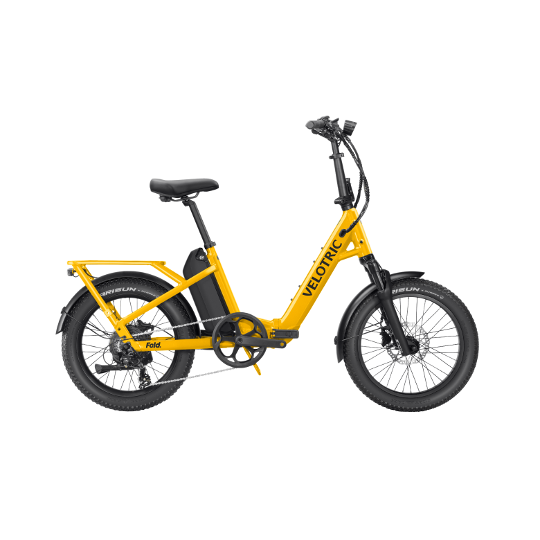 Velotric Fold 1 Plus electric bike in Mango color, shown folded for compact storage