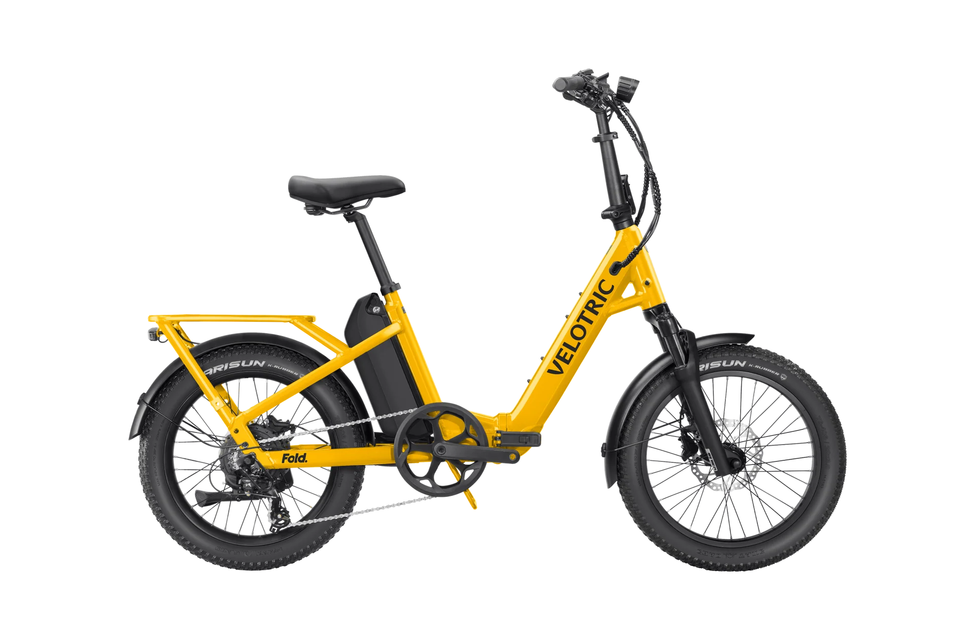 Velotric Fold 1 Plus electric bike in Mango color, folded for compact storage, side view on a white background