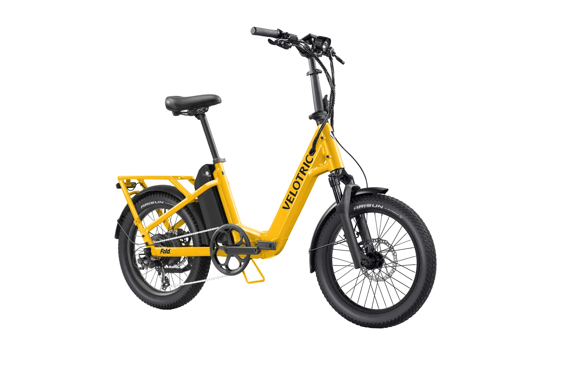 Velotric Fold 1 Plus electric bike in Mango color, shown folded for compact storage