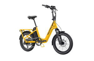 Velotric Fold 1 Plus electric bike in Mango color, shown folded with compact frame and black wheels