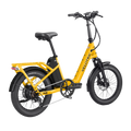 Velotric Fold 1 Plus electric bike in Mango color, folded for compact storage, shown against a plain background.