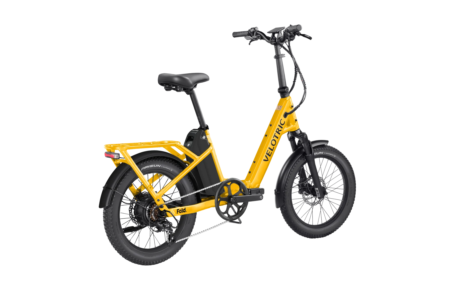 Velotric Fold 1 Plus electric bike in Mango color, folded for compact storage, shown against a plain background.
