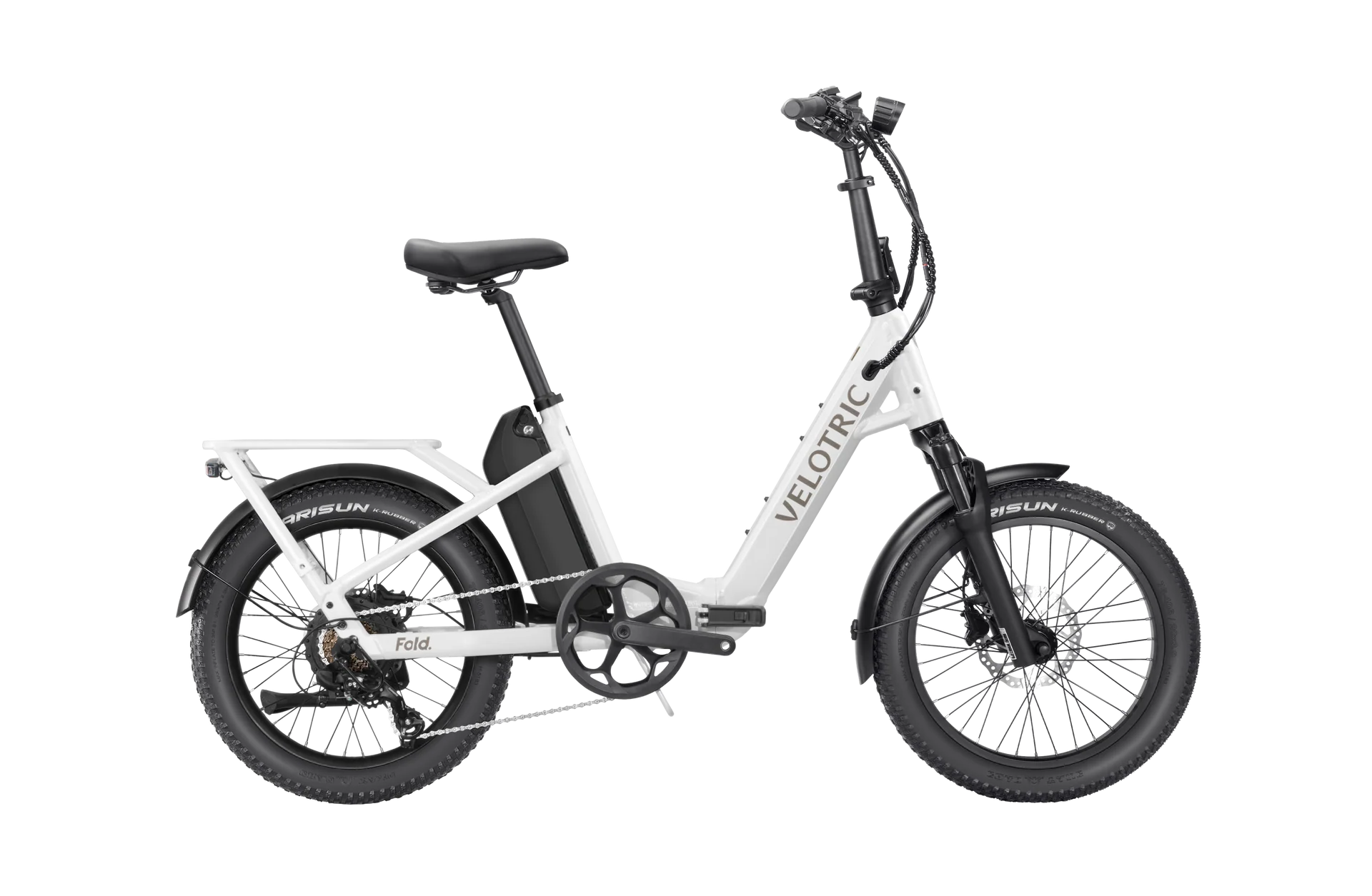 Pearl White Velotric Fold 1 Plus eBike, folded, side view, against a plain background