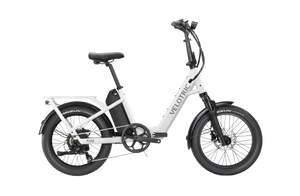 Pearl White Velotric Fold 1 Plus eBike, folded, side view, against a plain background