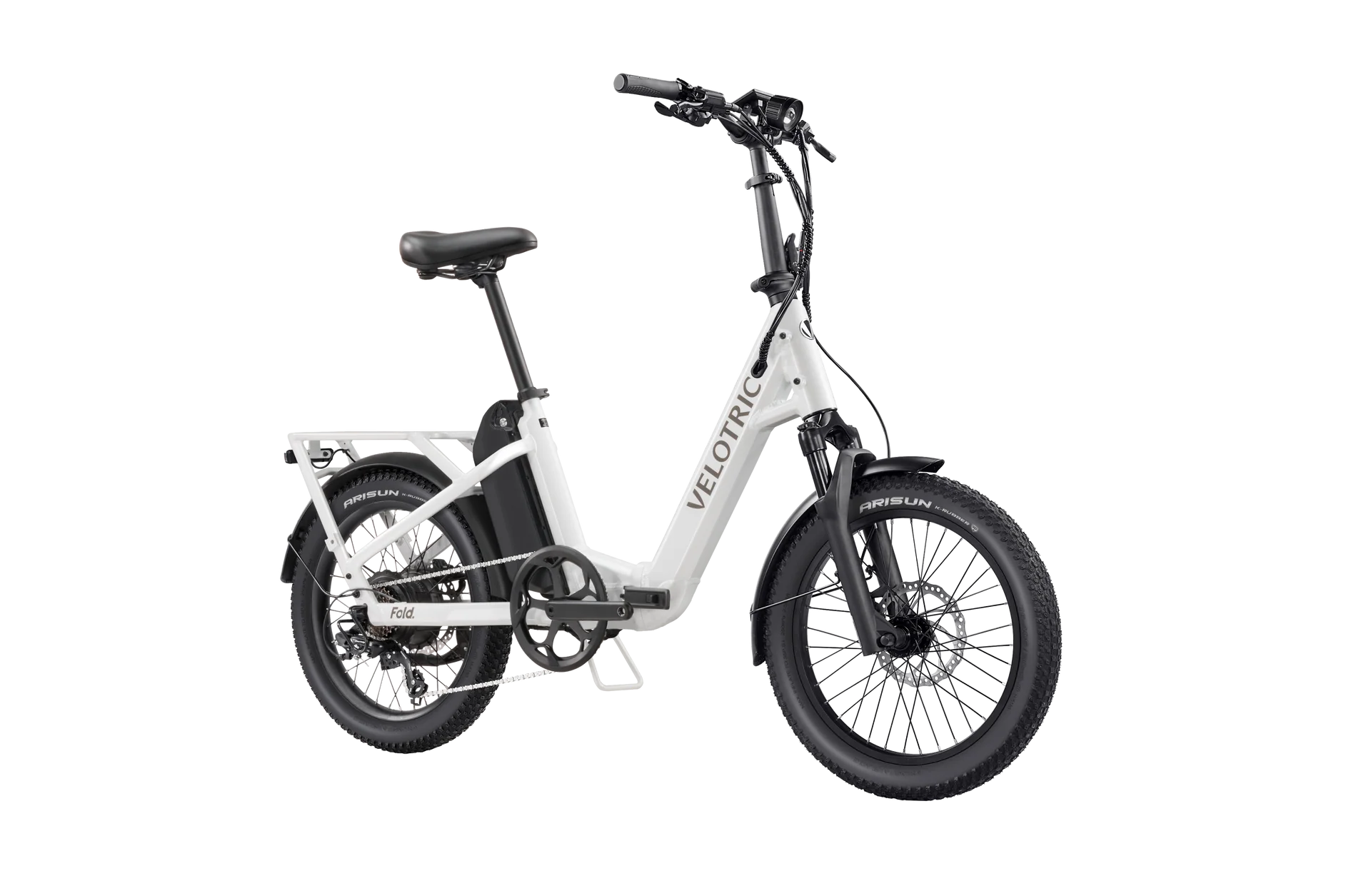 Pearl White Velotric Fold 1 Plus eBike, folded, side view, against a plain background