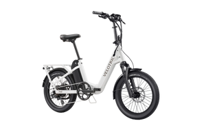Pearl White Velotric Fold 1 Plus eBike, folded, side view, against a plain background