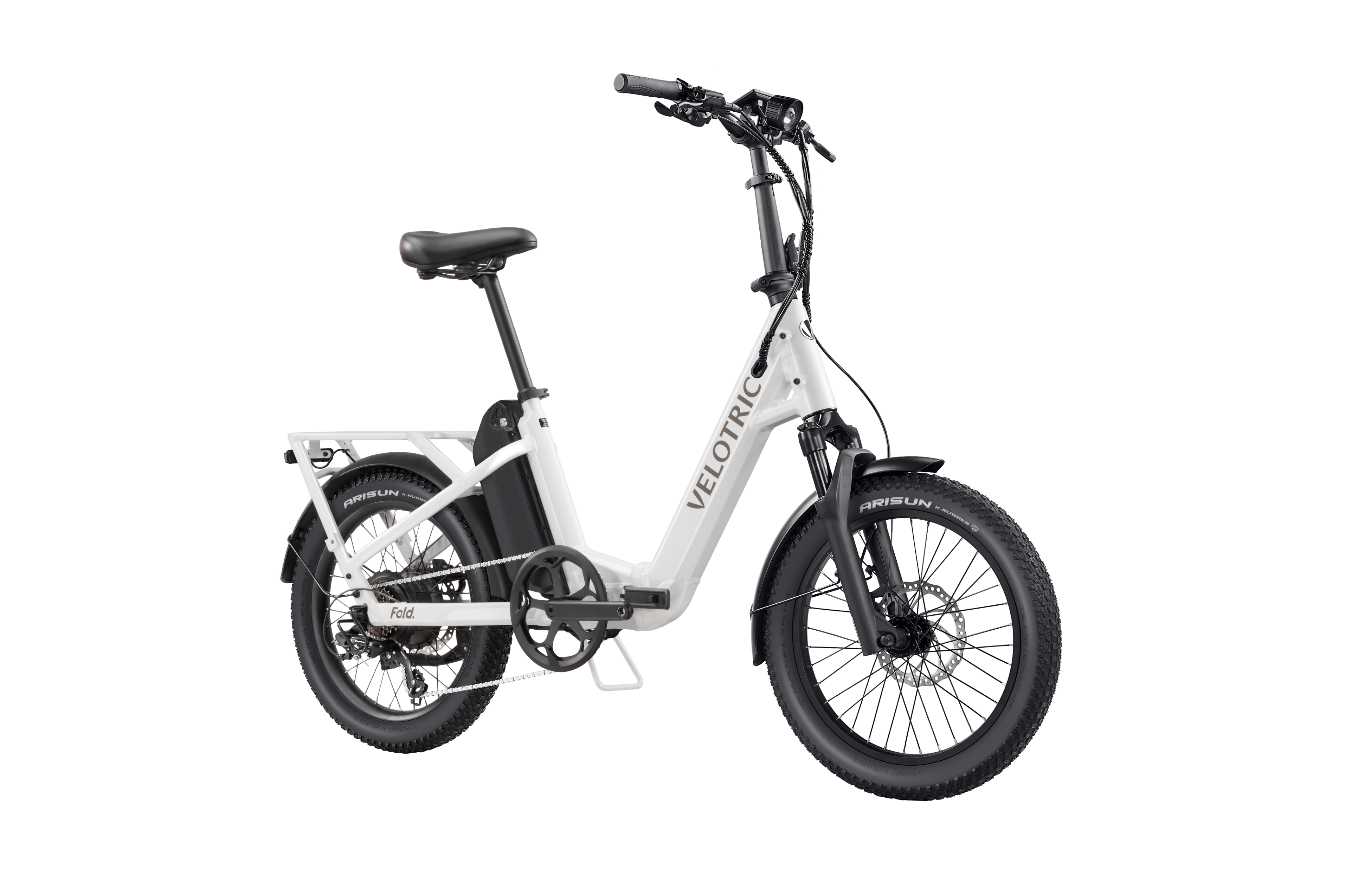 Pearl White Velotric Fold 1 Plus electric bike, folded, side view, against a plain background