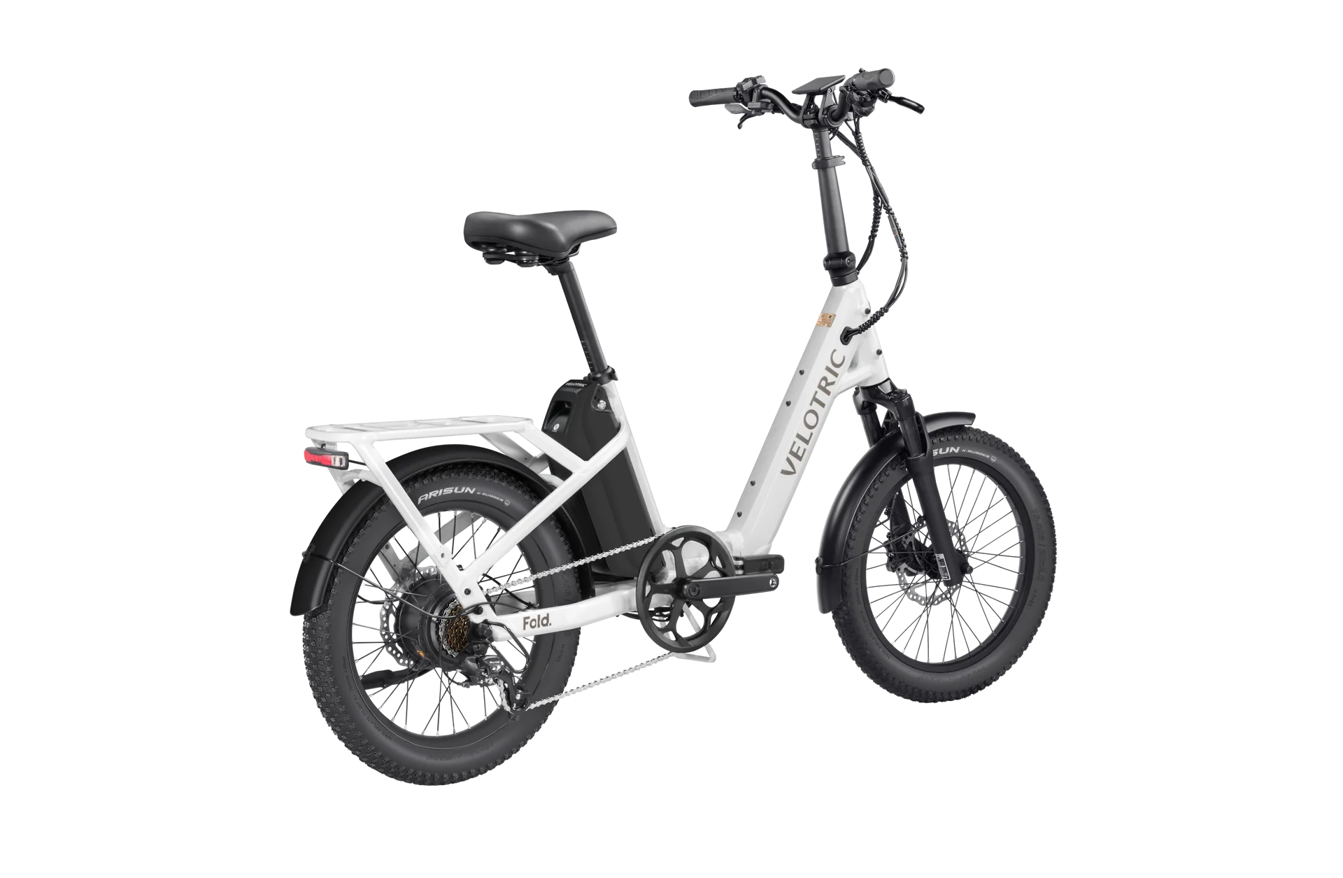 Velotric Fold 1 Plus eBike in Pearl White, folded for compact storage, side view on a white background