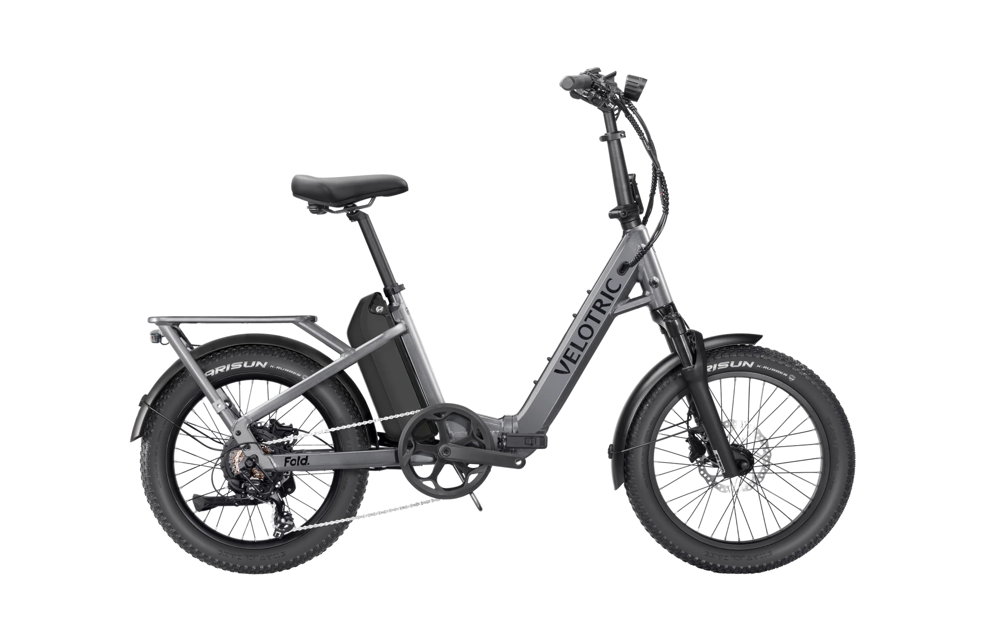 Velotric Fold 1 Plus eBike in Stone Gray, side view, folded compactly for portability