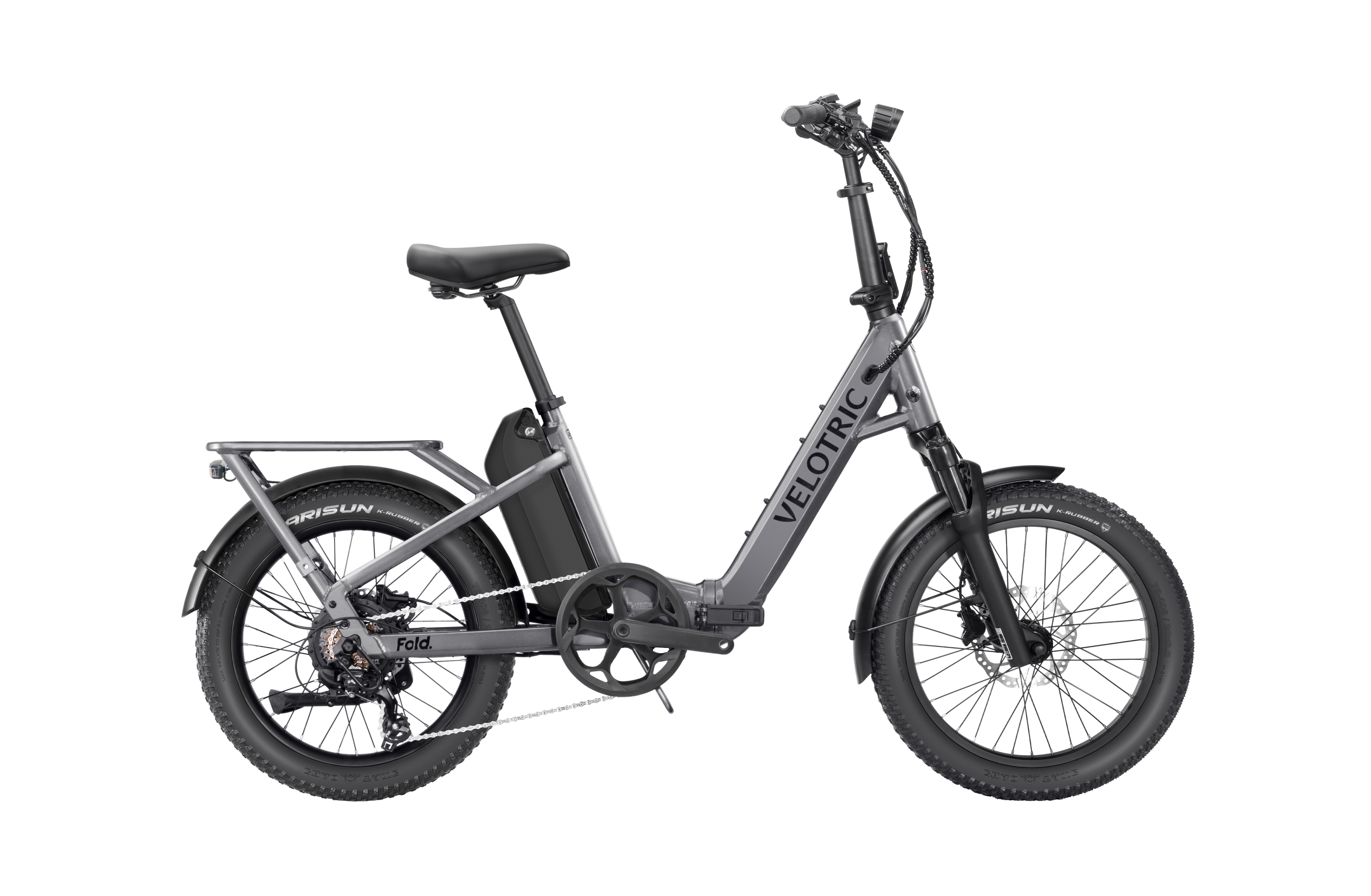 Velotric Fold 1 Plus electric bike in Stone Gray, shown folded for compact storage.