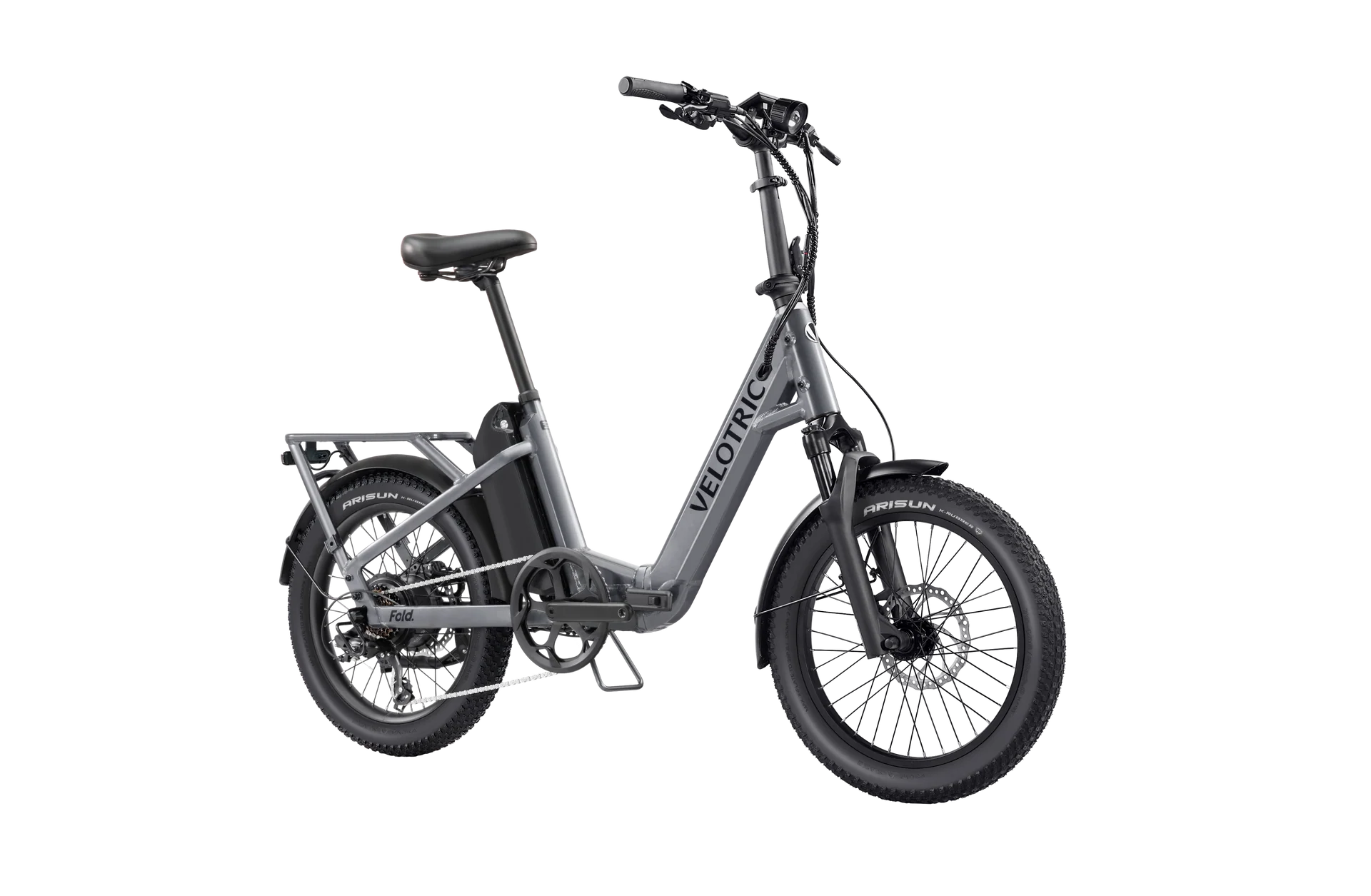 Velotric Fold 1 Plus eBike in Stone Gray, side view, folded for compact storage