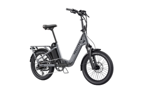 Velotric Fold 1 Plus eBike in Stone Gray, side view, folded for compact storage