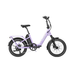 Velotric Fold 1 Plus electric bike in Violet Haze color, folded for compact storage, shown against a plain background.