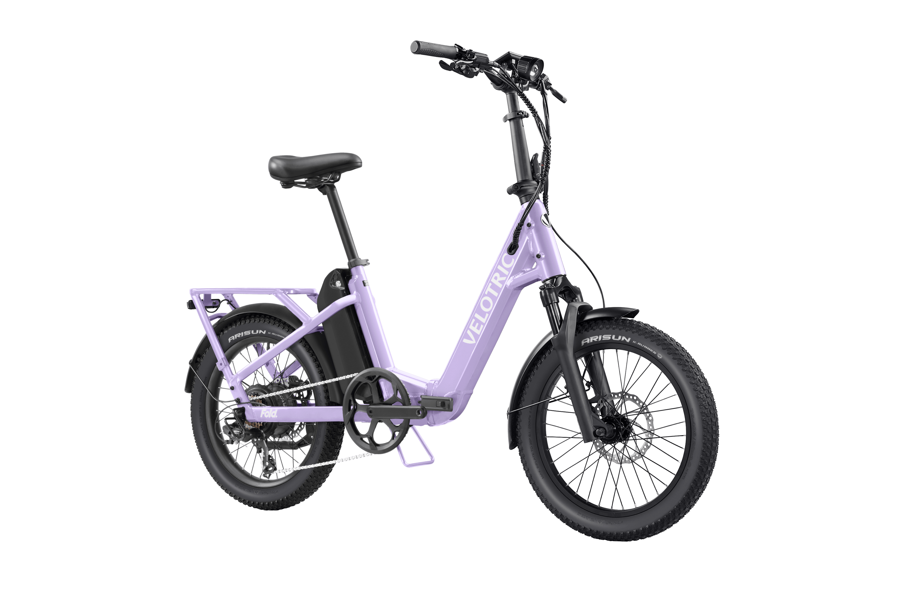 Velotric Fold 1 Plus electric bike in Violet Haze color, shown folded for compact storage