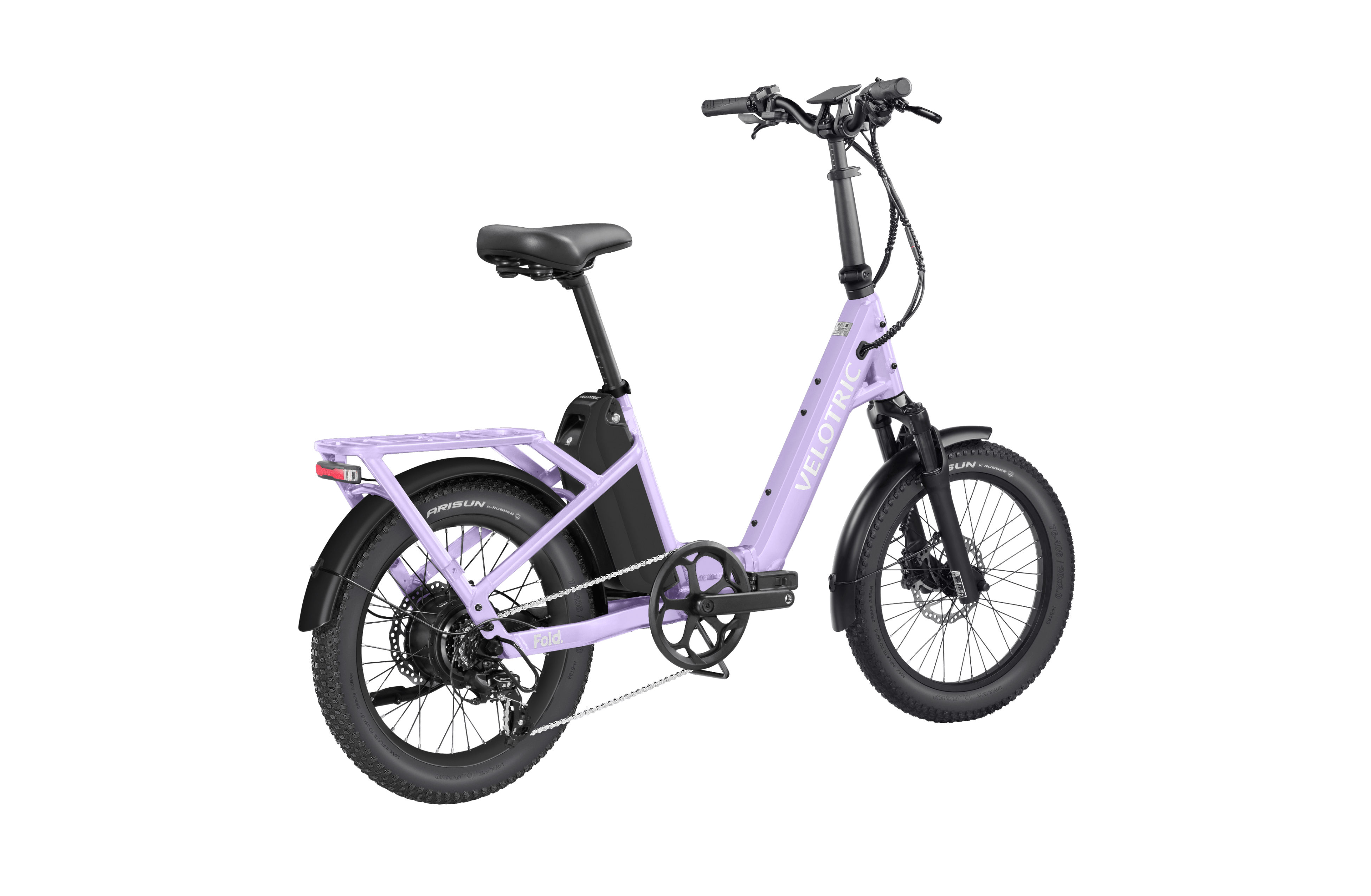 Velotric Fold 1 Plus eBike in Violet Haze color, side view, folded configuration, against a plain background