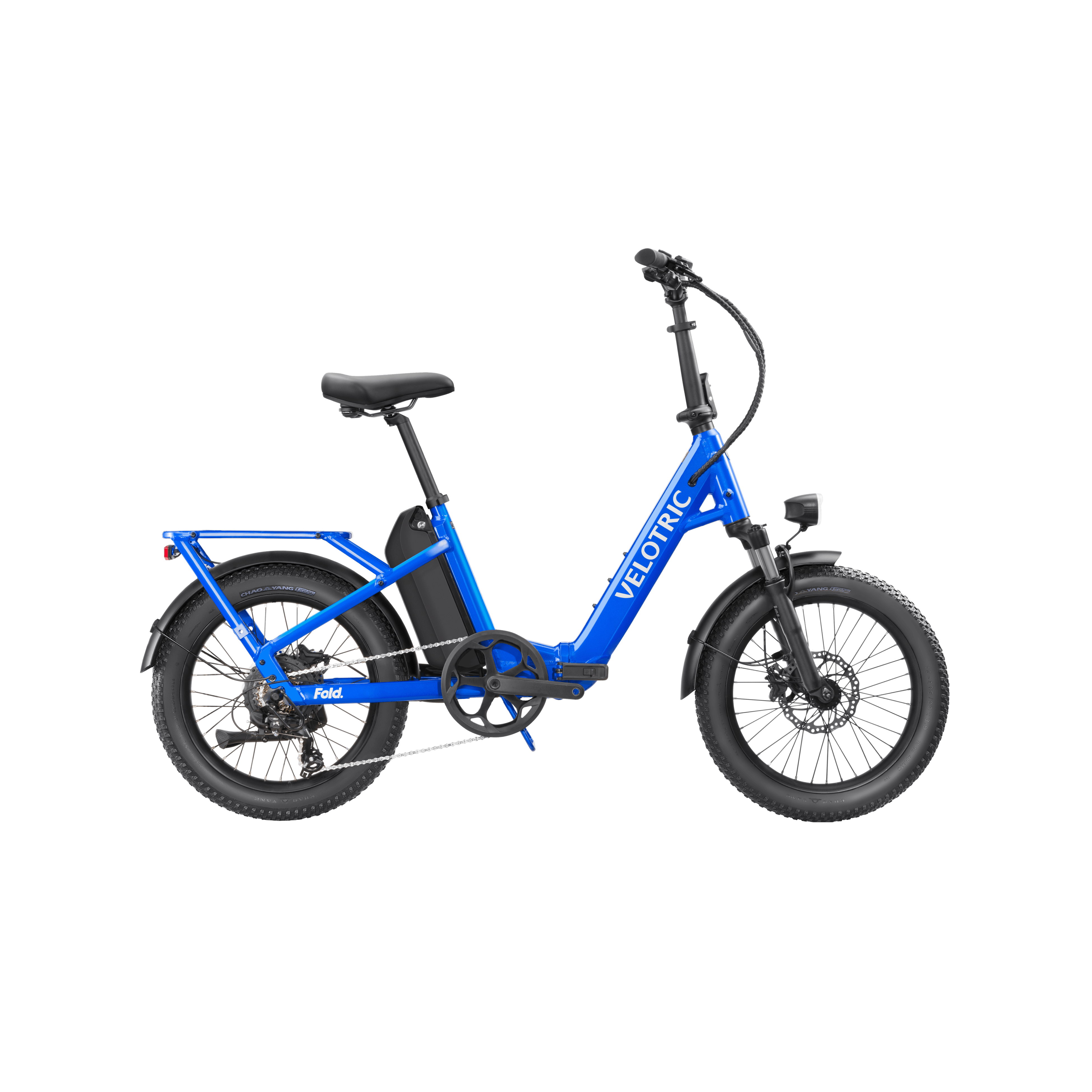 Electric blue Velotric Fold 1 eBike, folded, side view, against a plain background.