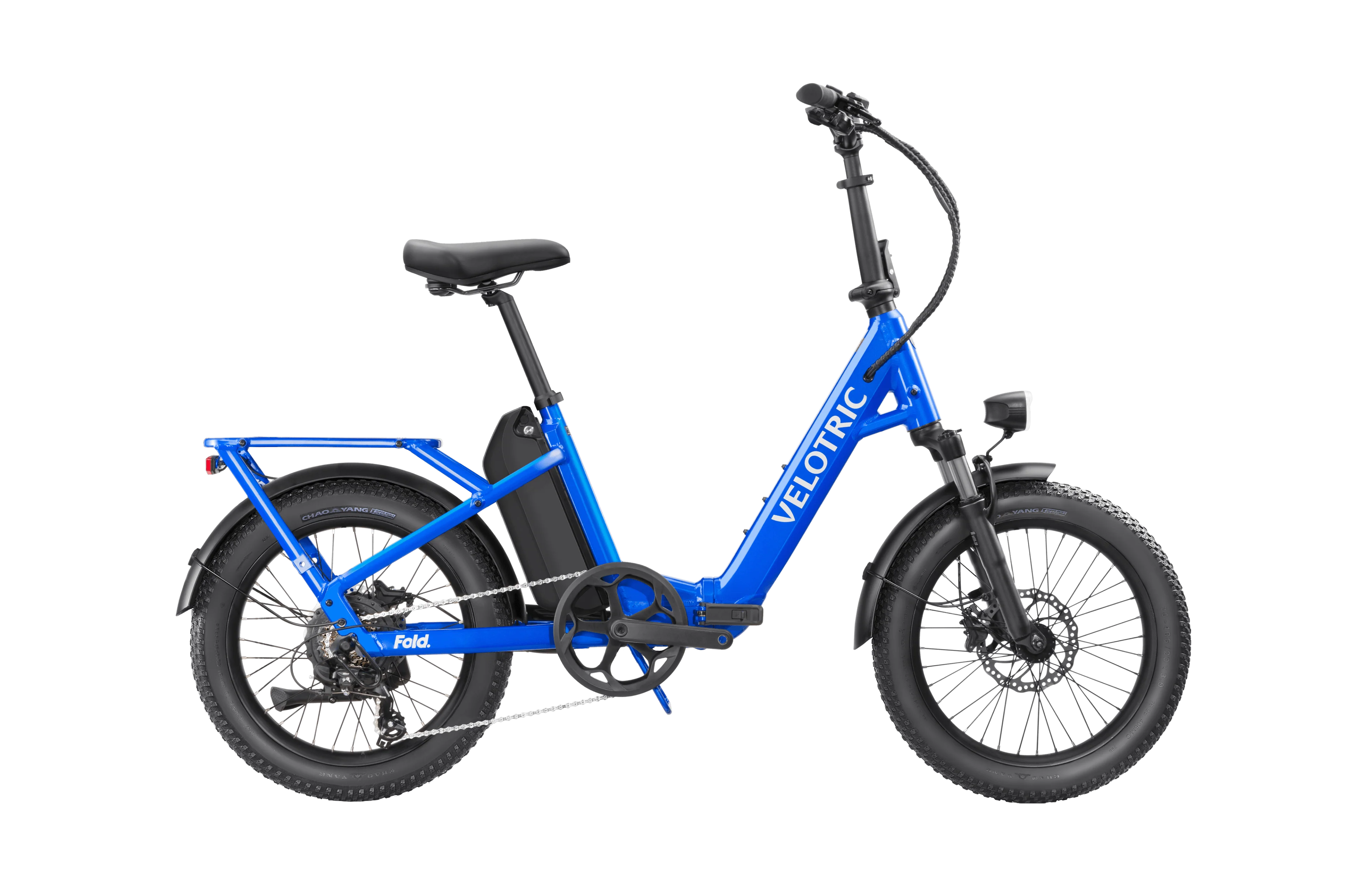 Electric blue Velotric Fold 1 eBike, folded, side view, showcasing compact design and modern frame.