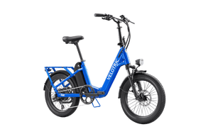Electric blue Velotric Fold 1 eBike, folded for compact storage, showcasing its sleek design and portability.