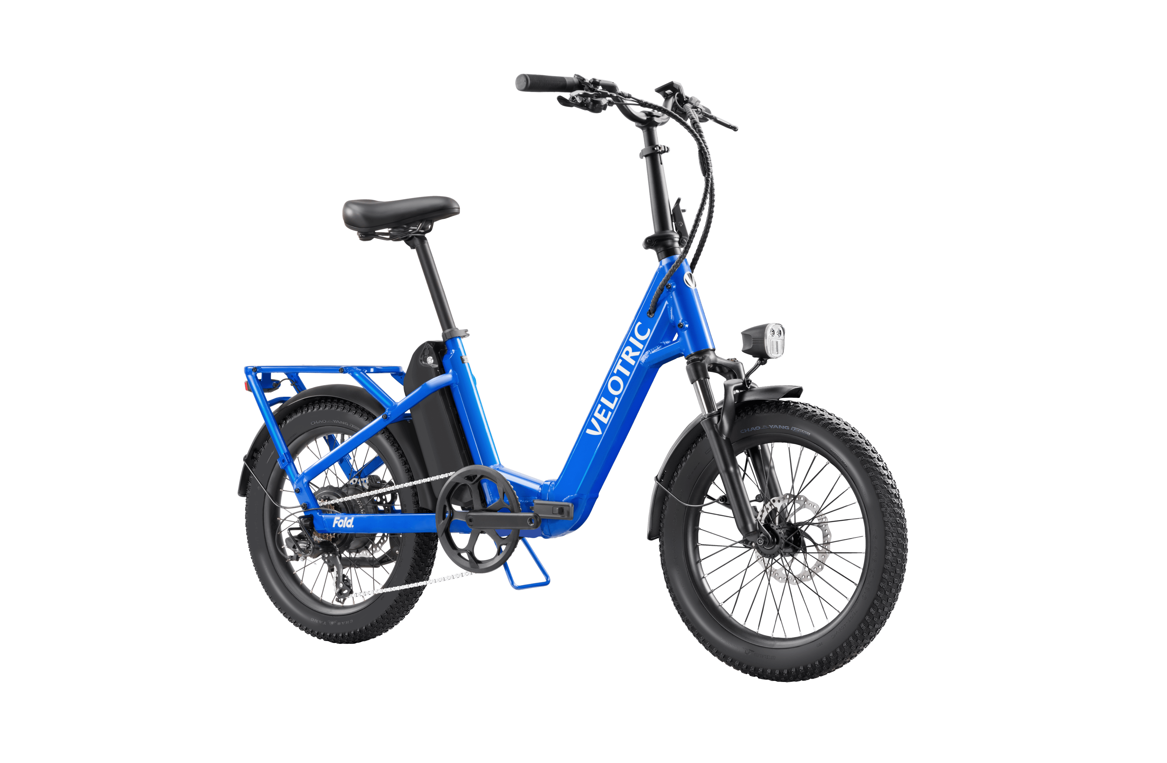 Electric blue Velotric Fold 1 eBike, folded for compact storage, showcasing its sleek design and portability.