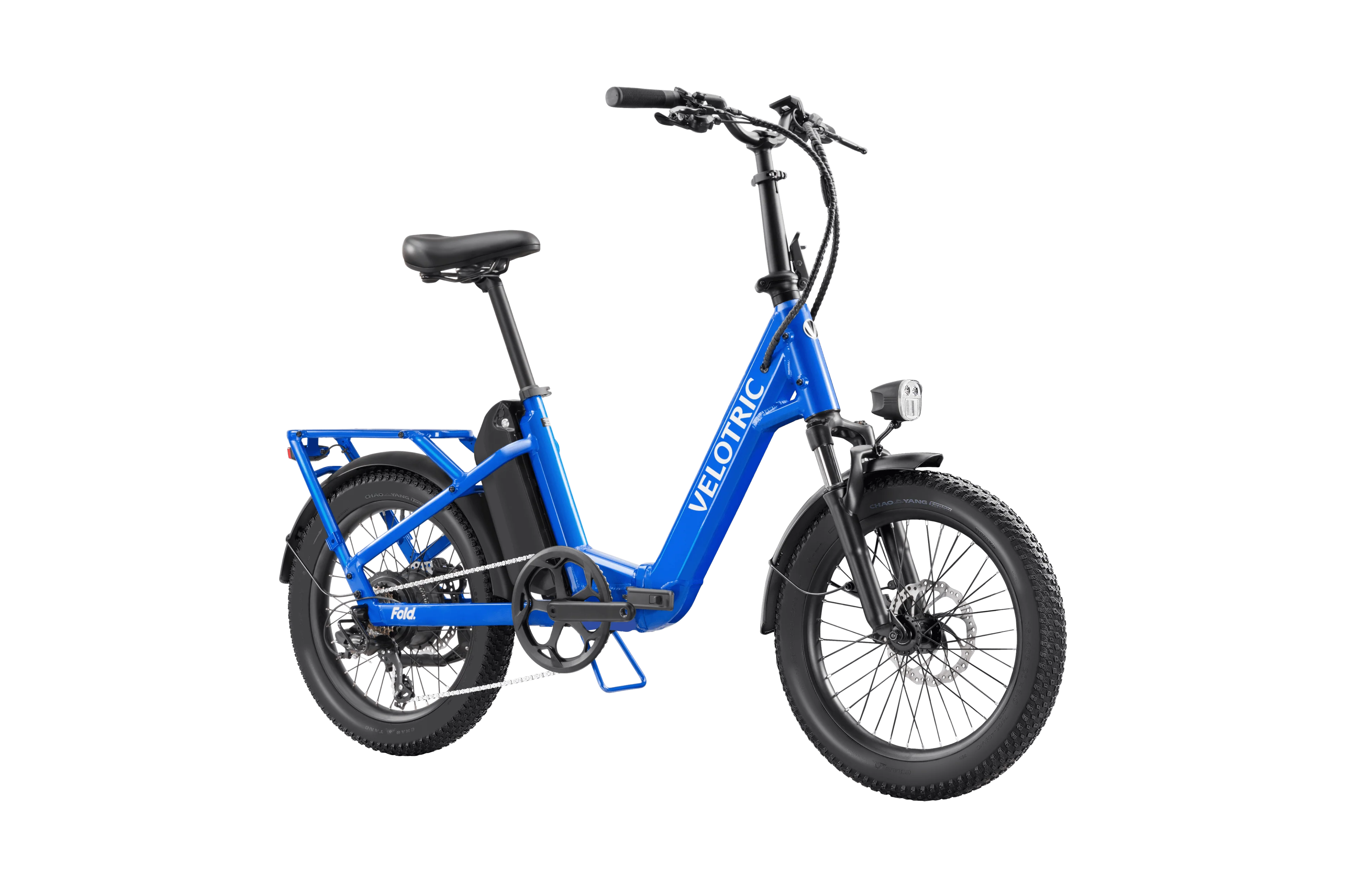 Electric blue Velotric Fold 1 eBike, folded for compact storage, shown against a plain background.