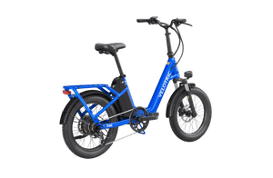 Electric blue Velotric Fold 1 eBike, folded, side view, against a plain background