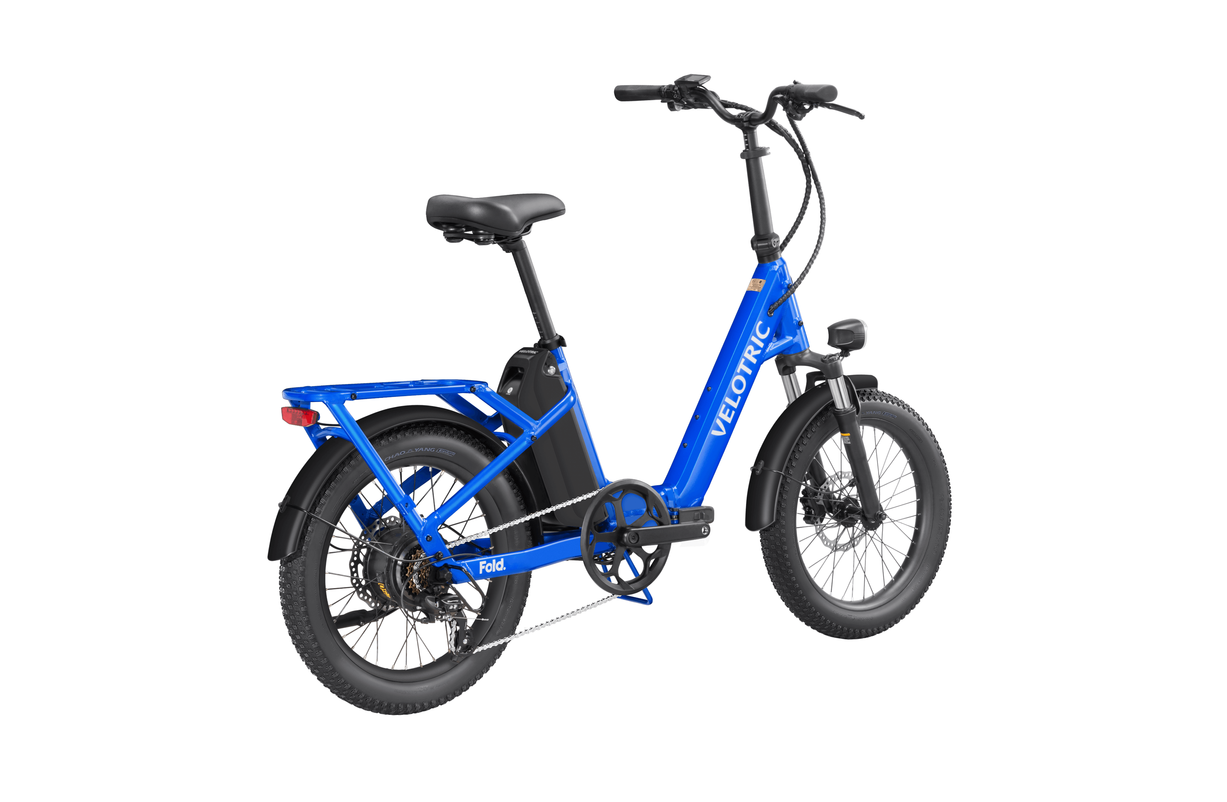 Electric blue Velotric Fold 1 eBike, folded, side view, against a plain background