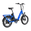 Electric blue Velotric Fold 1 eBike, folded for compact storage, showcasing its sleek design and portability.