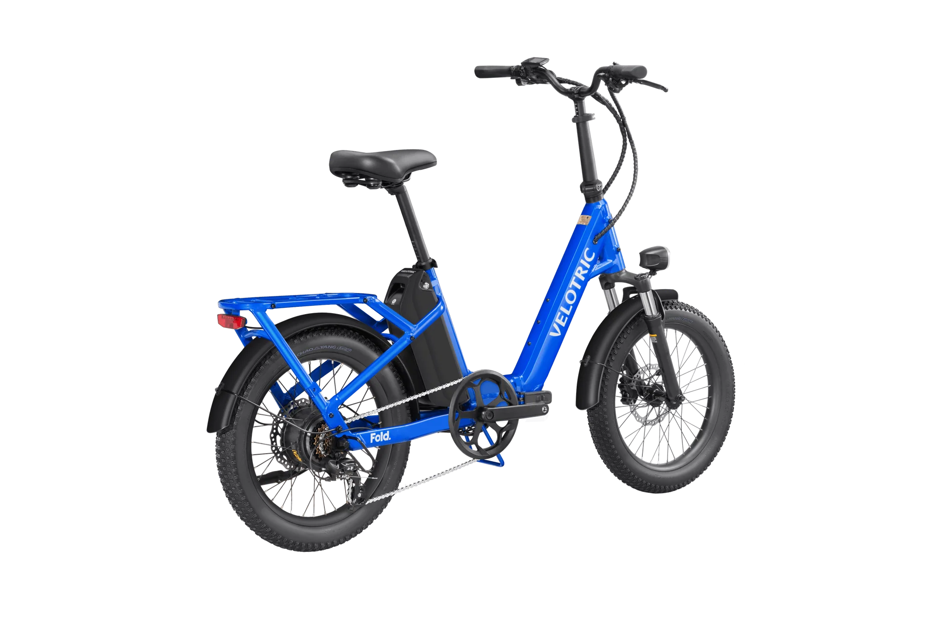 Electric blue Velotric Fold 1 eBike, folded for compact storage, showcasing its sleek design and portability.