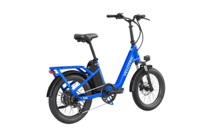 Electric blue Velotric Fold 1 eBike, folded for compact storage, showcasing its sleek design and portability.