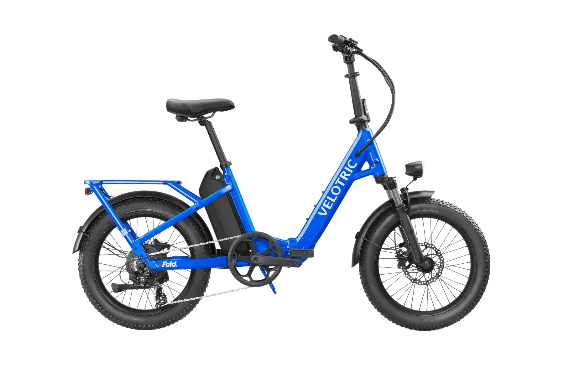 Electric blue Velotric Fold 1 eBike, compact folding design, side view, product image.
