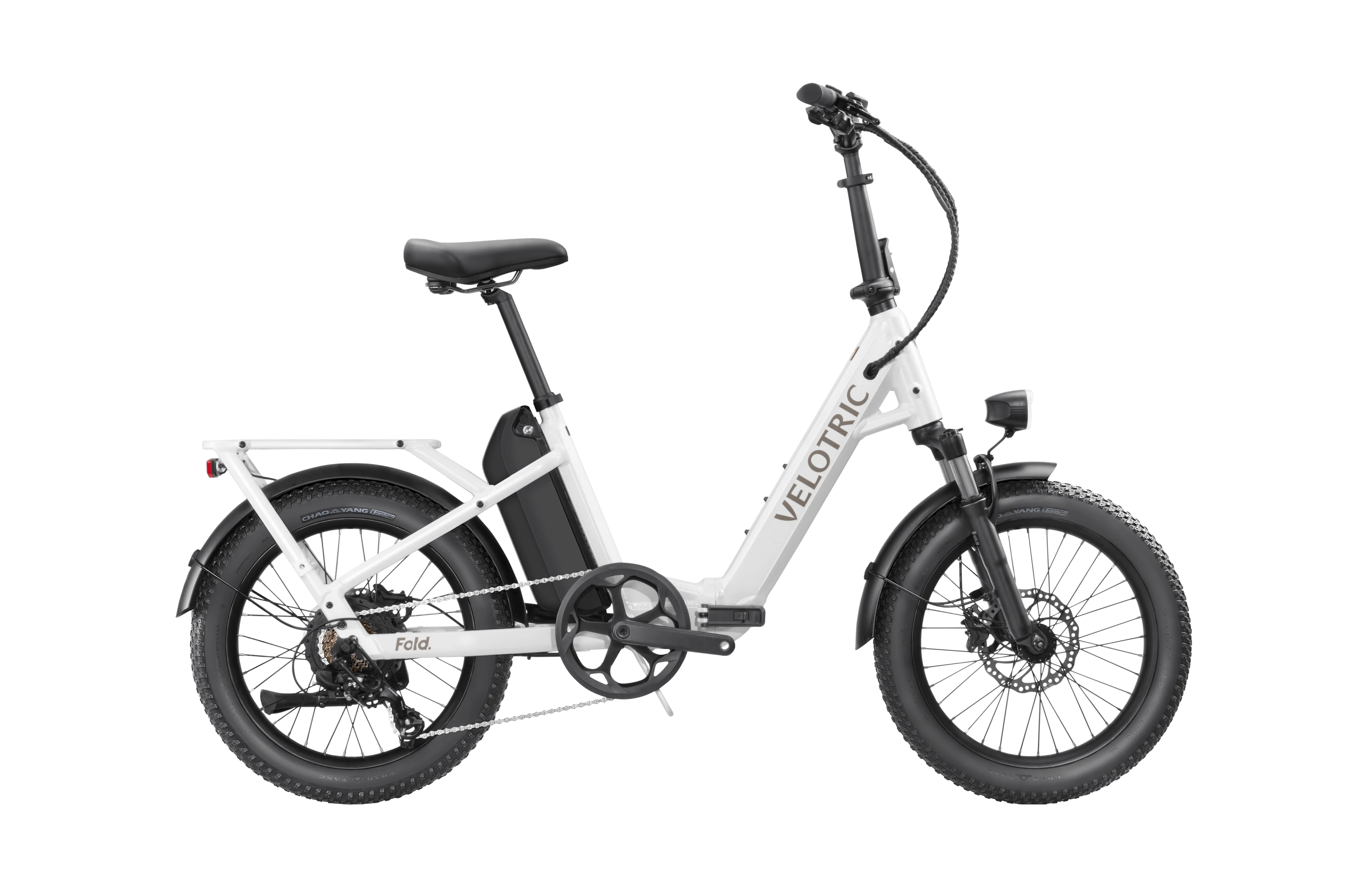 Pearl White Velotric Fold 1 eBike, folded, side view, against a plain background