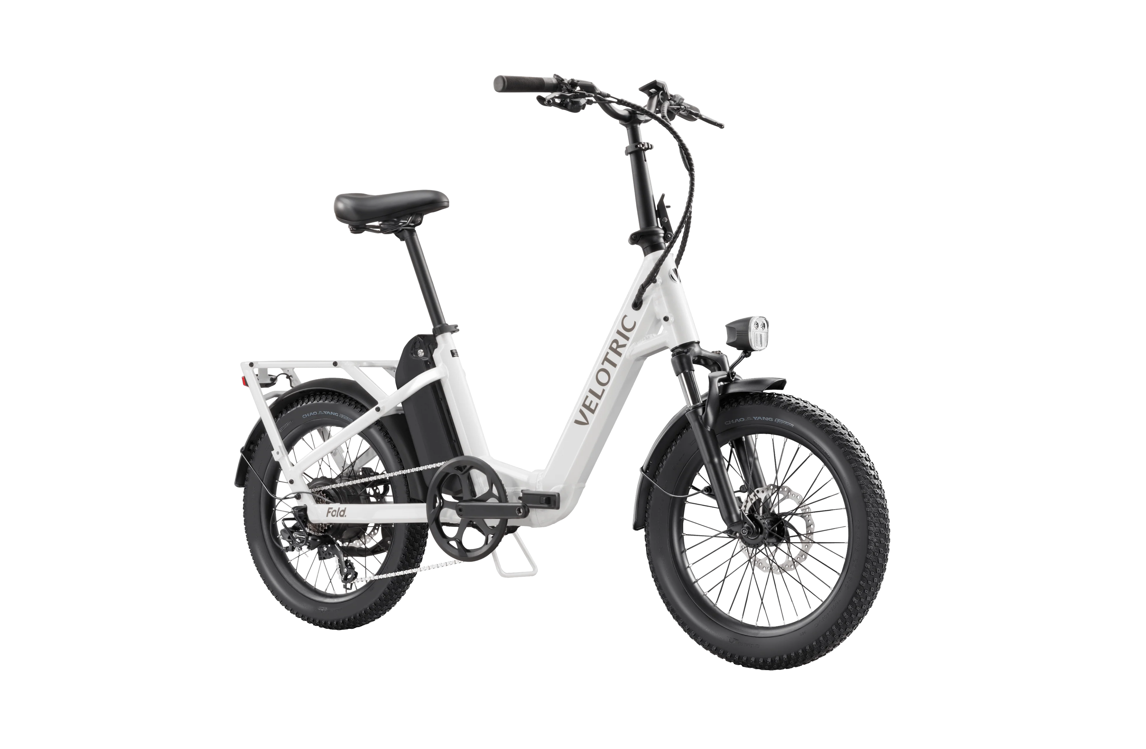 Pearl White Velotric Fold 1 eBike, folded, side view, showcasing compact design and sleek frame.