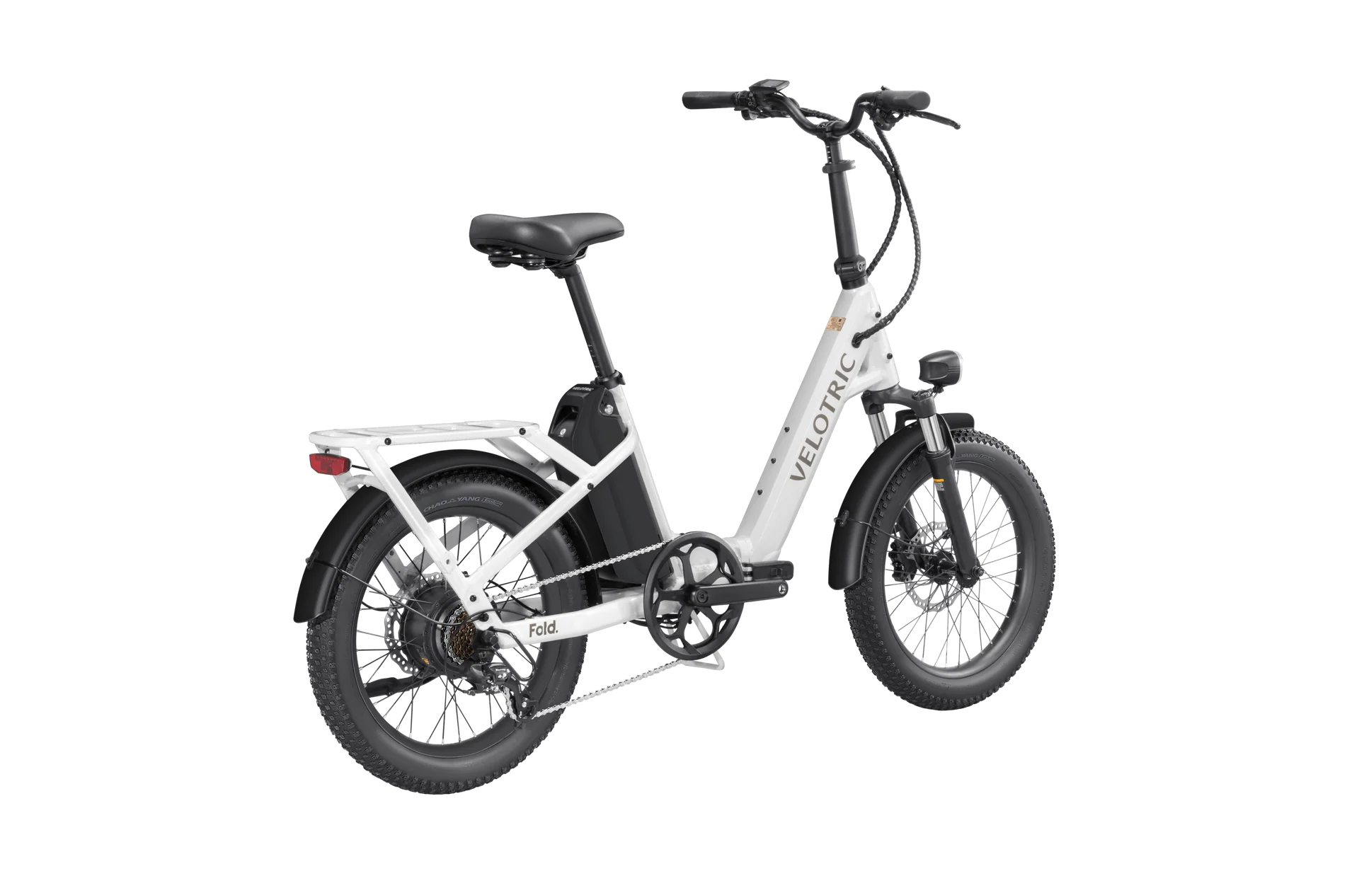 Velotric Fold 1 eBike in Pearl White, side view, folded for compact storage