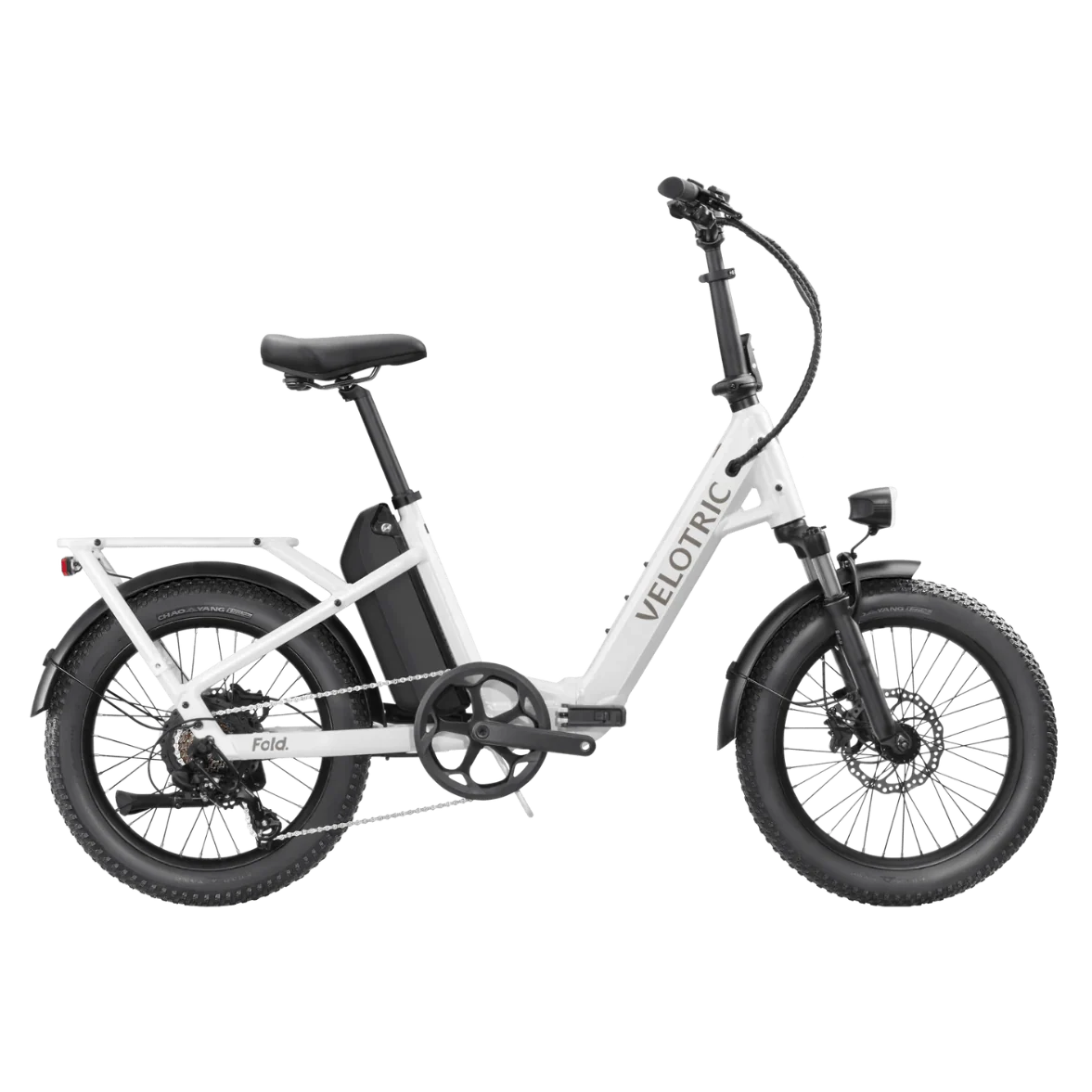 Pearl White Velotric Fold 1 eBike, side view, folded, against a plain background