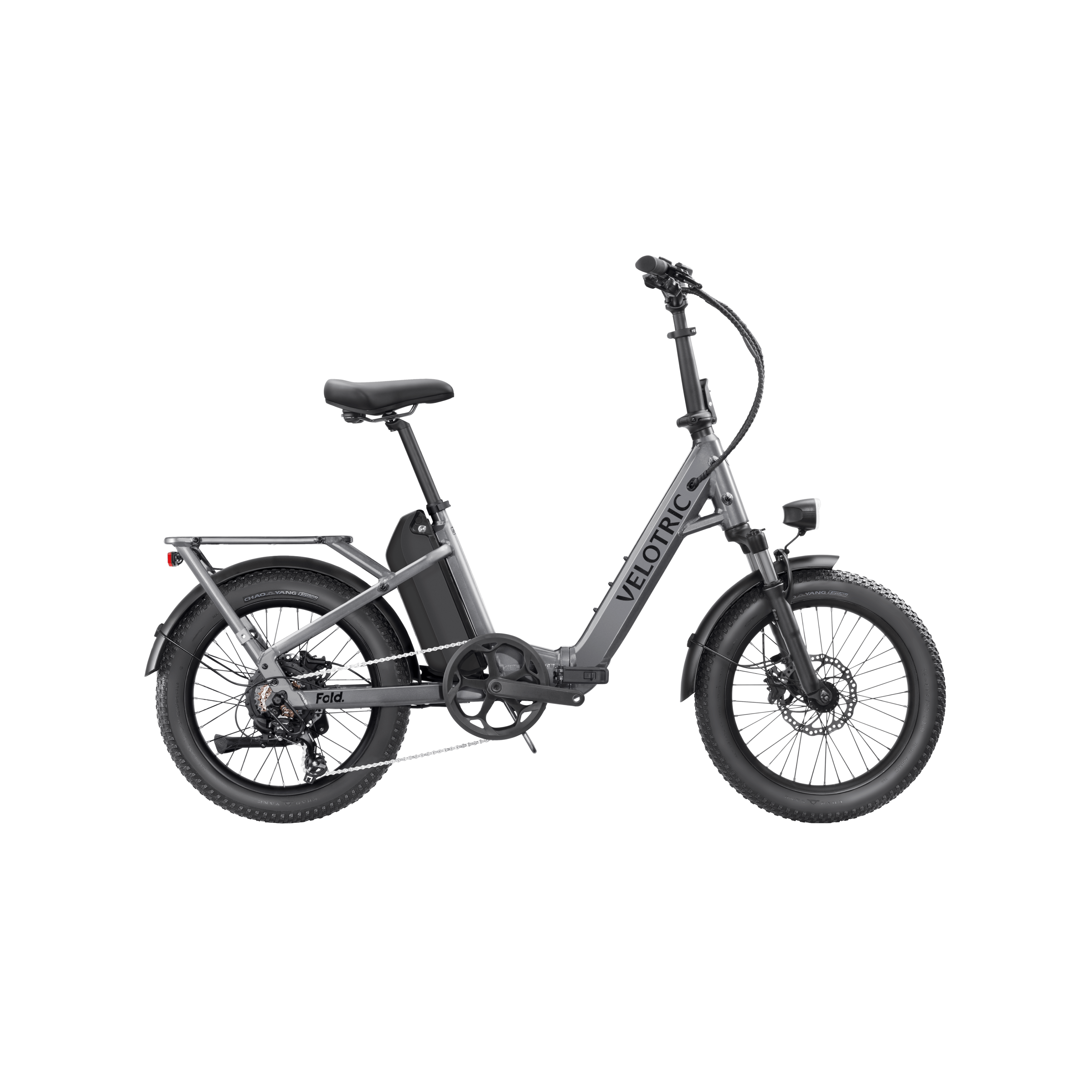 Velotric Fold 1 eBike in Stone Gray, folded for compact storage, side view on a plain background.