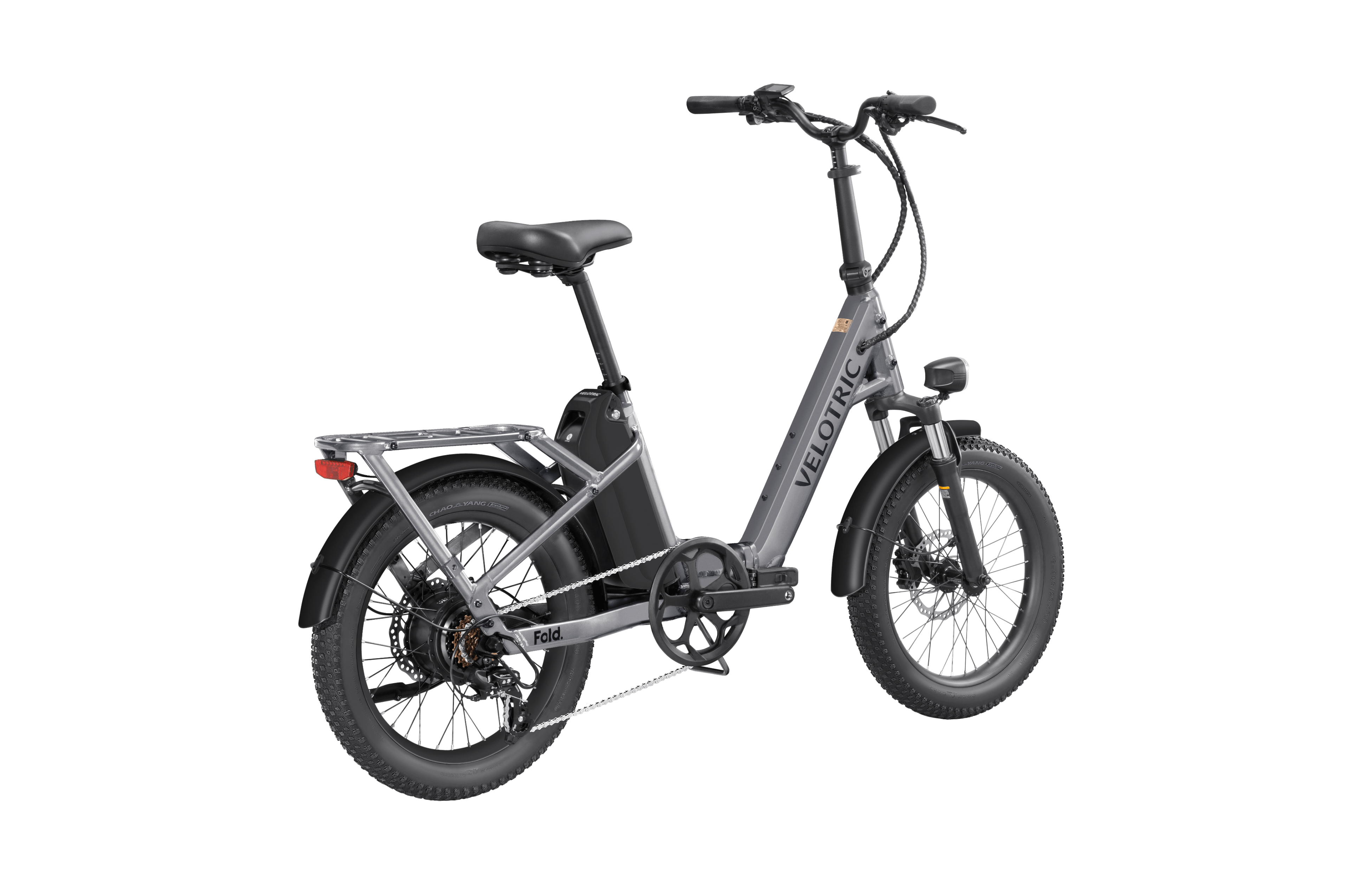 Velotric Fold 1 eBike in Stone Gray, folded for compact storage, side view on a white background