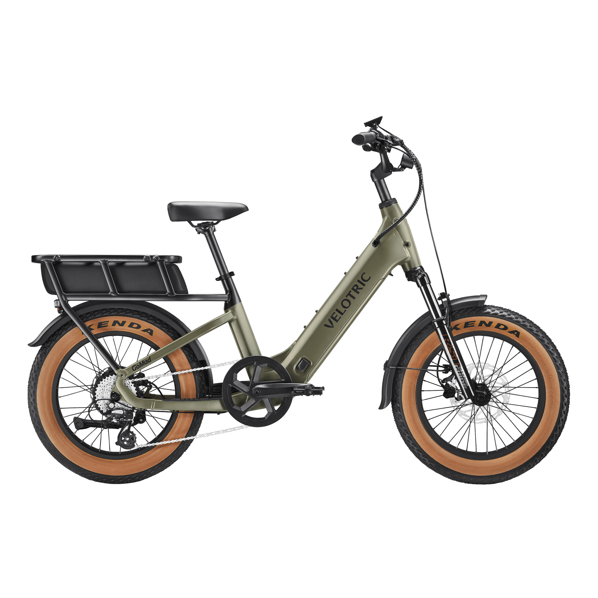 Velotric GoMad eBike in Sage color, side view, showcasing its frame, wheels, and battery.
