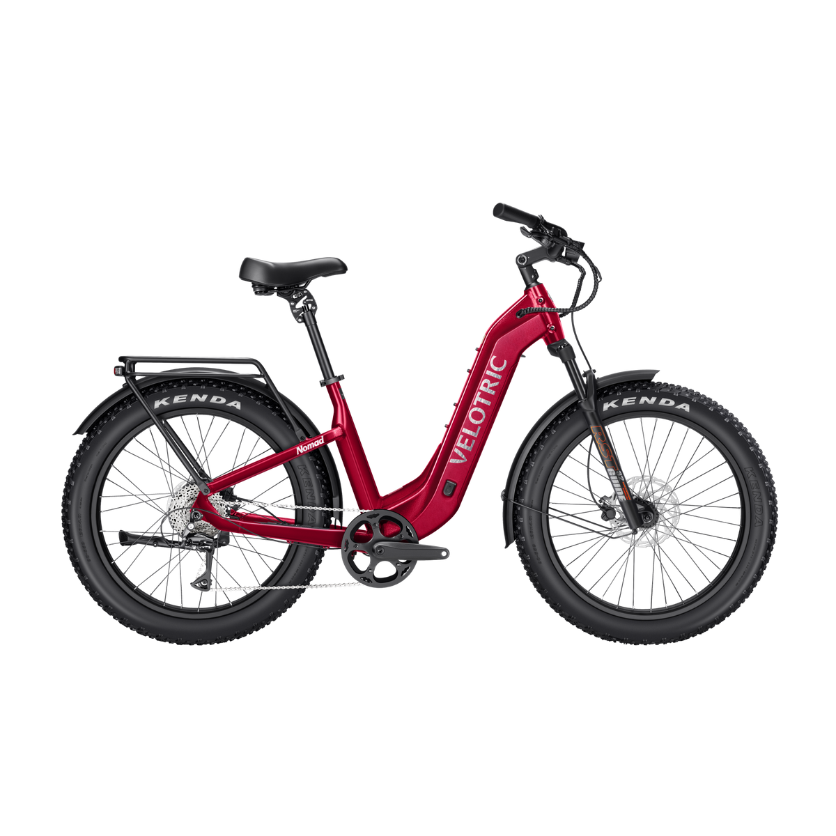 Velotric Nomad 2 electric bike in cranberry red, side view, against a white background
