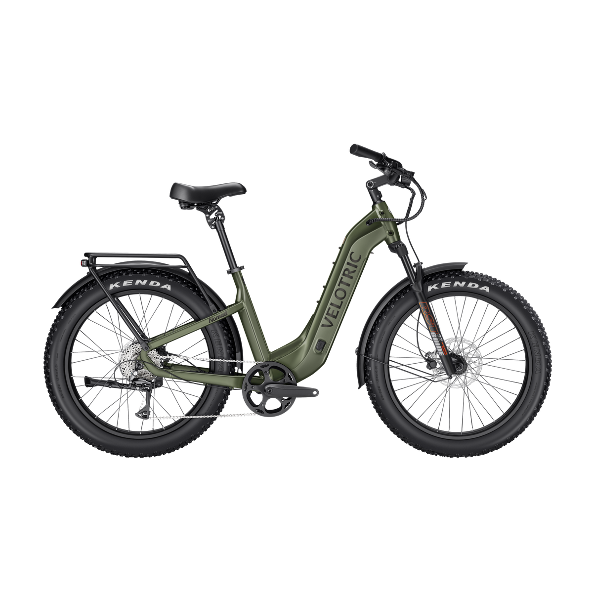 Olive green Velotric Nomad 2 electric bike side view with fat tires and rear rack