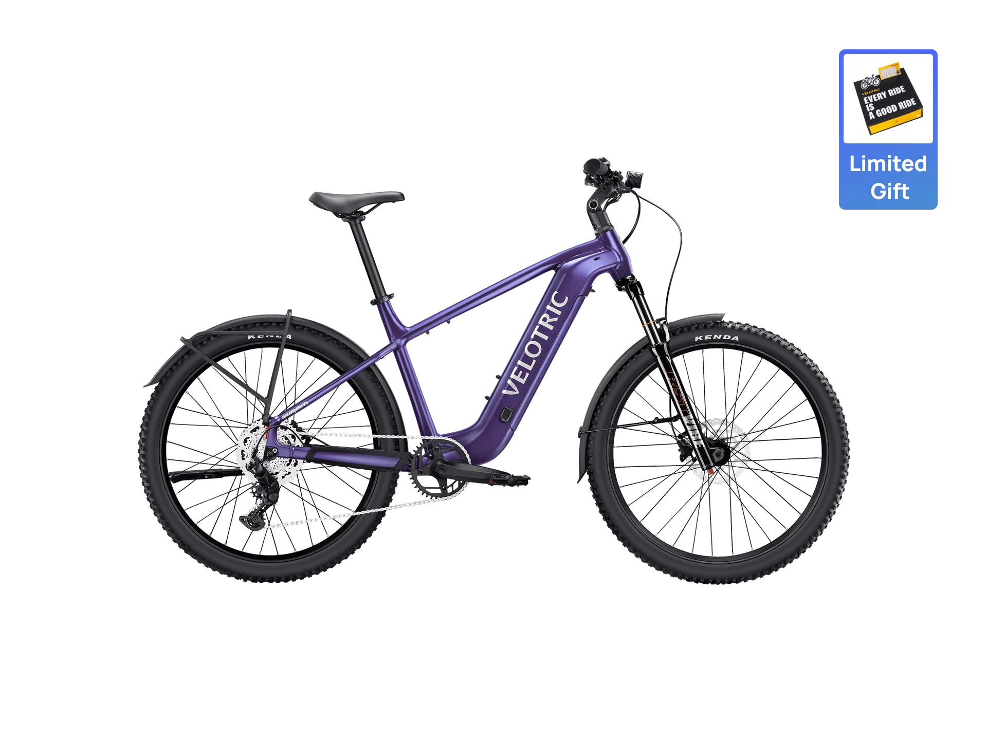 Velotric Summit 2 electric mountain bike in Galaxy Purple color, side view, against a white background.