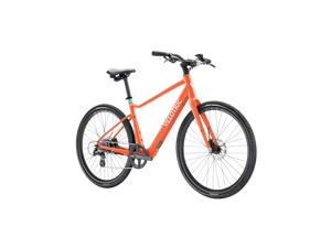 Velotric T1 ST Plus eBike in Lava color, side view, showing lightweight frame, integrated battery, and upright handlebars