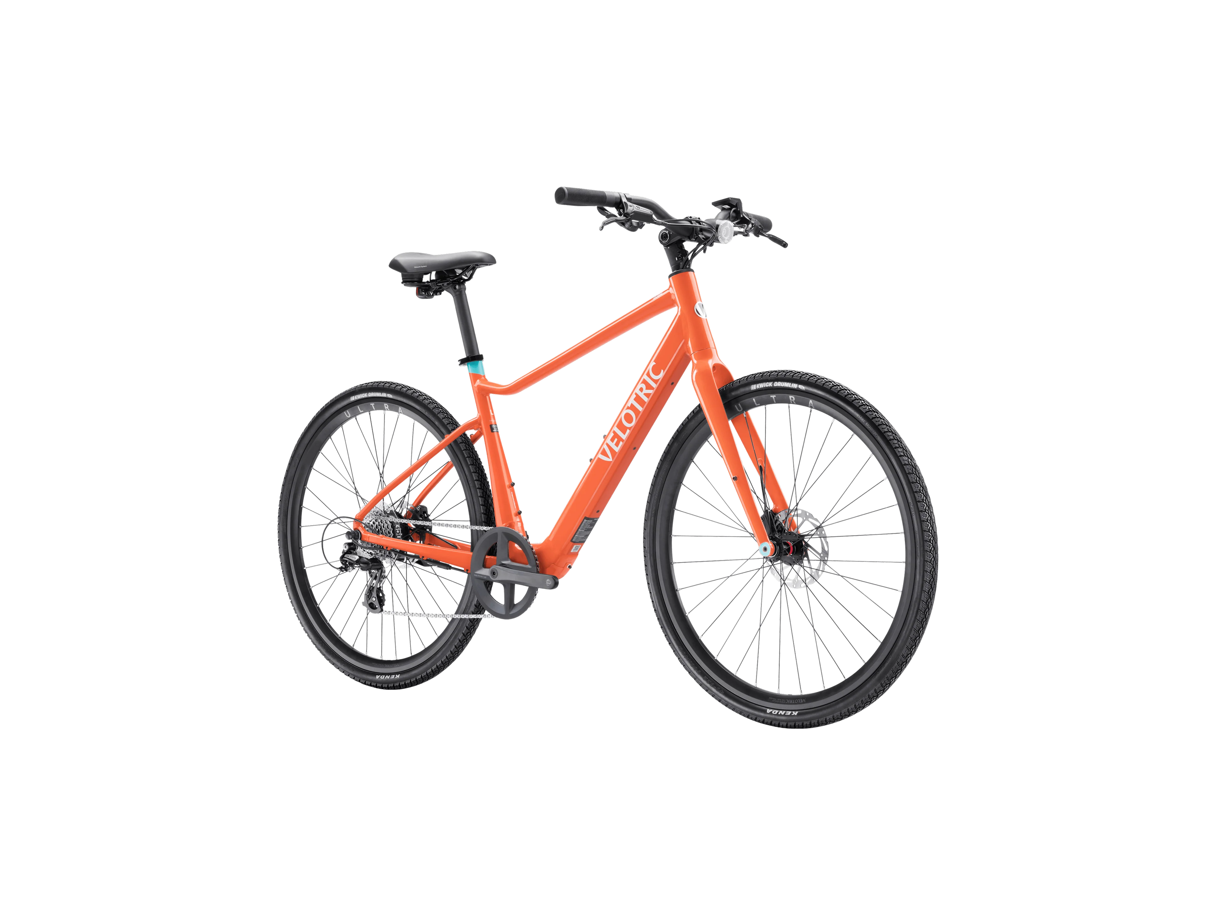 Velotric T1 ST Plus eBike in Lava color, side view, showing lightweight frame, integrated battery, and upright handlebars