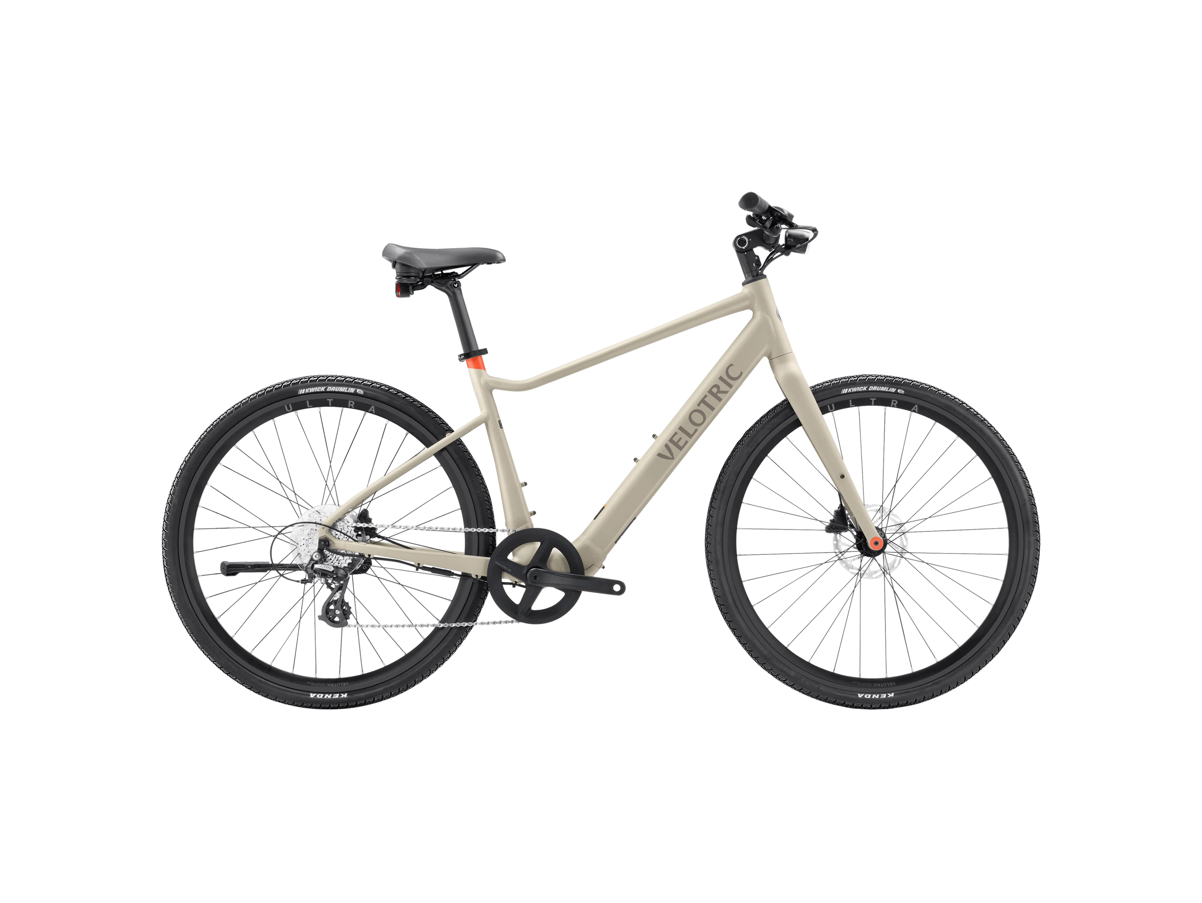 Velotric T1 ST Plus electric bike in sand color, side view, isolated on white background