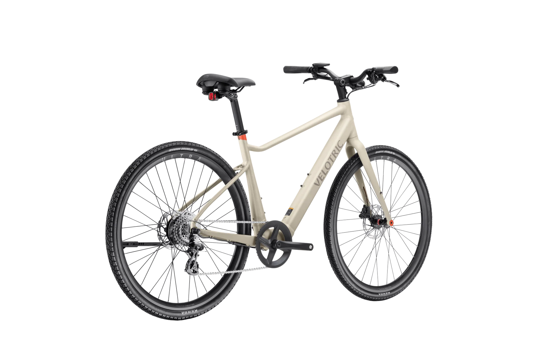 Velotric T1 ST Plus electric bike in sand color, side view, isolated on white background
