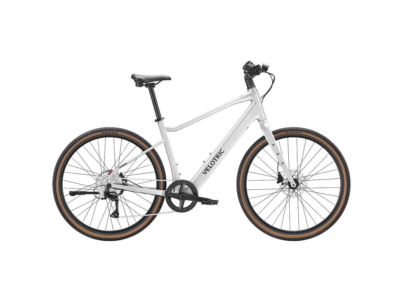 Velotric Tempo High Step eBike in Lightning Silver, side view, showcasing frame design and components