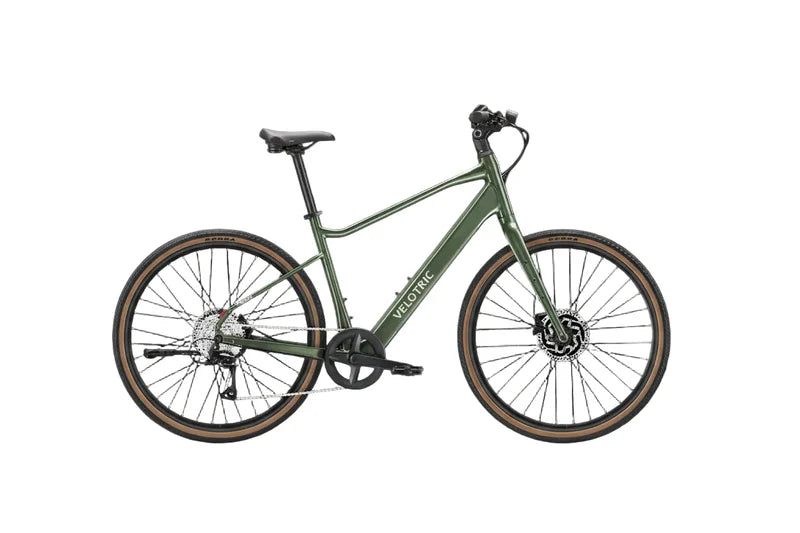 Velotric Tempo eBike in Forest Evergreen color, high step frame, side view on a white background
