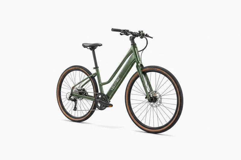 Velotric Tempo eBike in Forest Evergreen color, mid-step frame, side view, product image